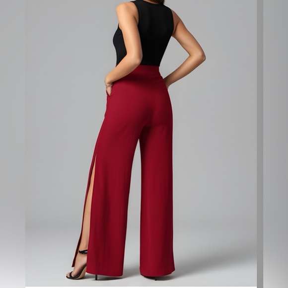 Burgundy Split Thigh Wide Leg Pants - Picture 5 of 8